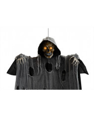 Hanging skeleton with tunic, lights and sound. Terrifying