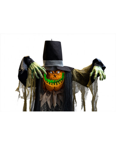 Hanging pumpkin monster with hat and lights. Terrifying