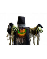 Hanging pumpkin monster with hat and lights. Terrifying