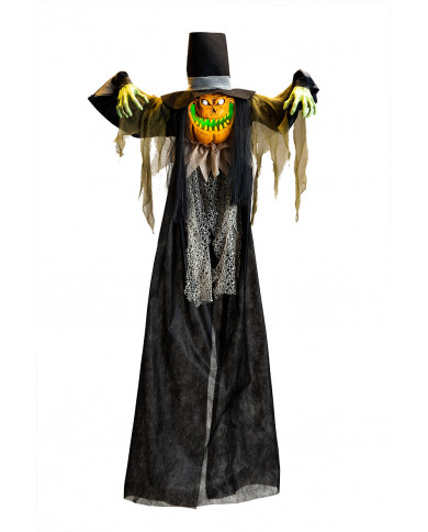 Hanging pumpkin monster with hat and lights. Terrifying