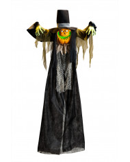 Hanging pumpkin monster with hat and lights. Terrifying