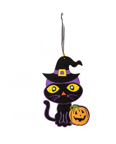 Black cat with witch hat and felt pumpkin, approx. 38 cm tall.