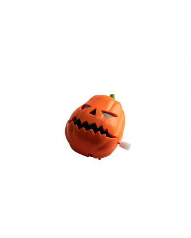 12 plastic wind-up horror pumpkins on a display stand, with