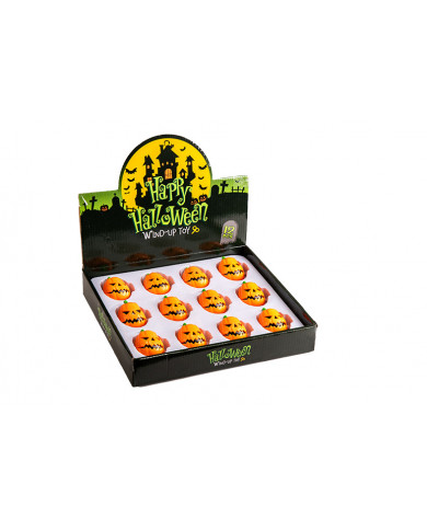 12 plastic wind-up horror pumpkins on a display stand, with