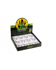 12 plastic wind-up horror skulls on a display stand, with each