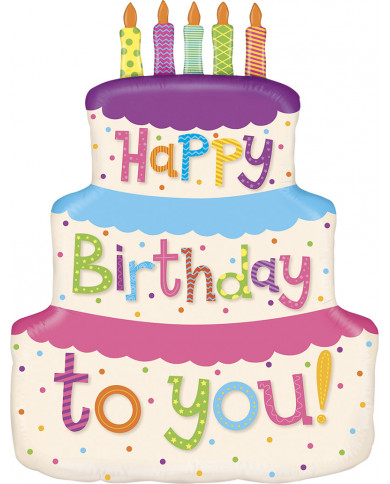 Cake-shaped foil balloon with height approx. 69 cm. Birthday