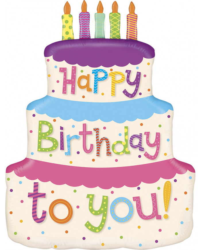 Cake-shaped foil balloon with height approx. 69 cm. Birthday