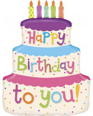 Cake-shaped foil balloon with height approx. 69 cm. Birthday