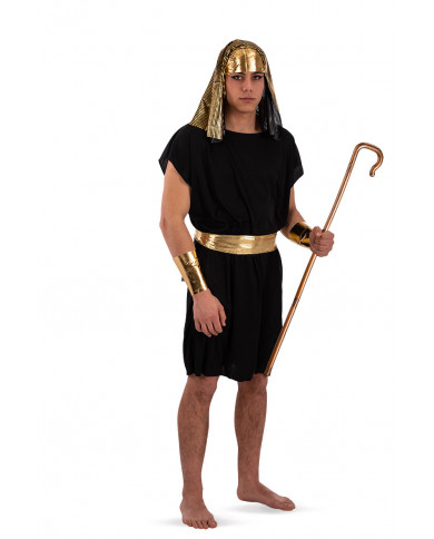 Black pharaoh costume for man consisting of outfit, bracelets