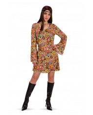 70s costume for woman, consisting of a dress with bell sleeves.