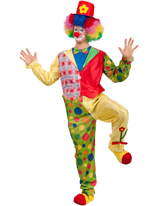 Clown costume with satin giant jumpsuit, hat.