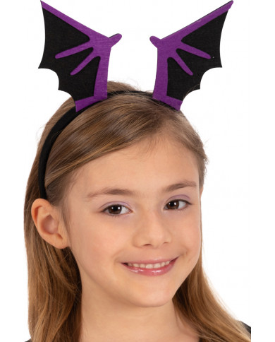 Plastic headband with bat wings in black and purple felt. Ideal