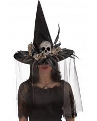 Black witch hat with gray horror decorations and veil. It