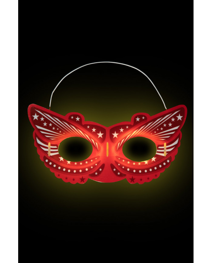 Half-face mask in the shape of a phosphorescent red butterfly