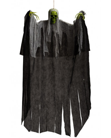 Skeleton with face and hands covered in green glitter.