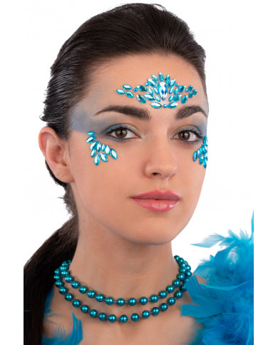 Fiche de décorations autocollantes crystal bleues pour visage dans une pochette sur papier cartonné