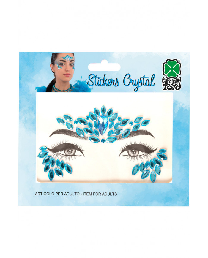 Fiche de décorations autocollantes crystal bleues pour visage dans une pochette sur papier cartonné