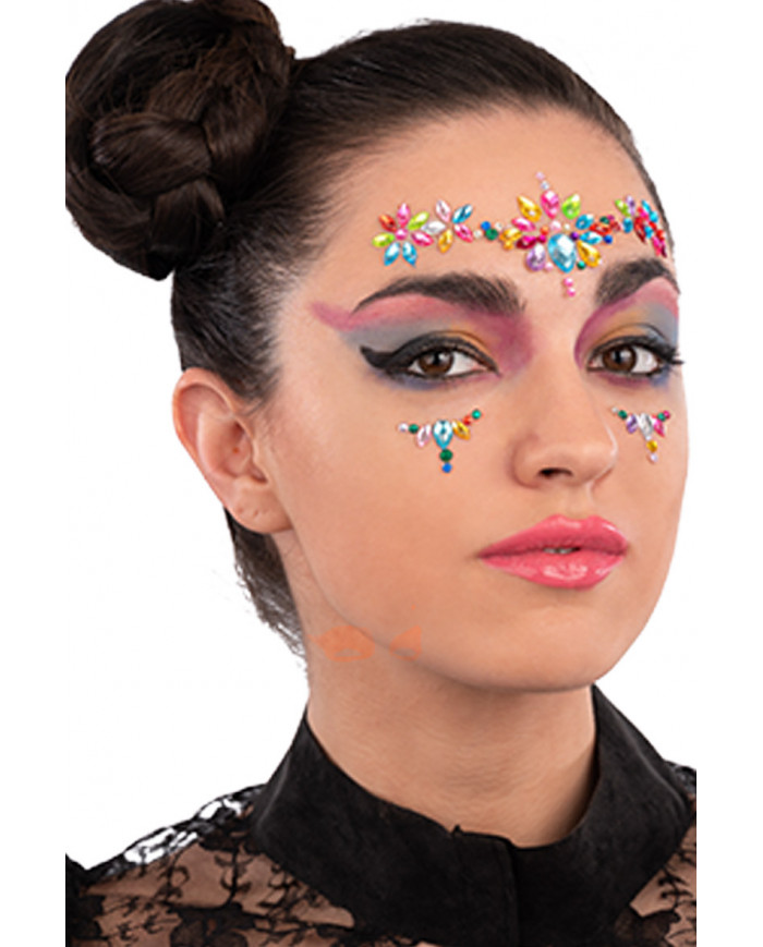 Fiche de décorations autocollantes crystal multi-couleurs pour visage dans une pochette sur papier cartonné