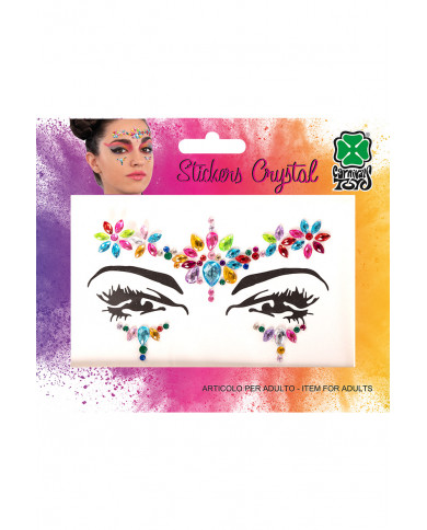 Fiche de décorations autocollantes crystal multi-couleurs pour visage dans une pochette sur papier cartonné