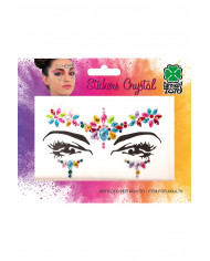 Fiche de décorations autocollantes crystal multi-couleurs pour visage dans une pochette sur papier cartonné