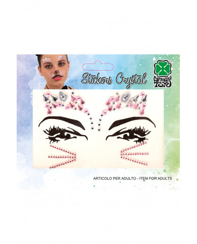 Fiche de décorations autocollantes crystal chatte pour visage dans une pochette sur papier cartonné