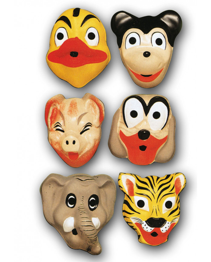 Assortment of plastic animal masks: pig, duck, mouse, elephant Assortment of plastic animal masks: pig, duck, mouse, elephant