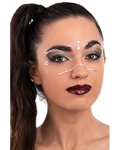 Fiche de décorations autocollantes crystal perles pour visage dans une pochette sur papier cartonné