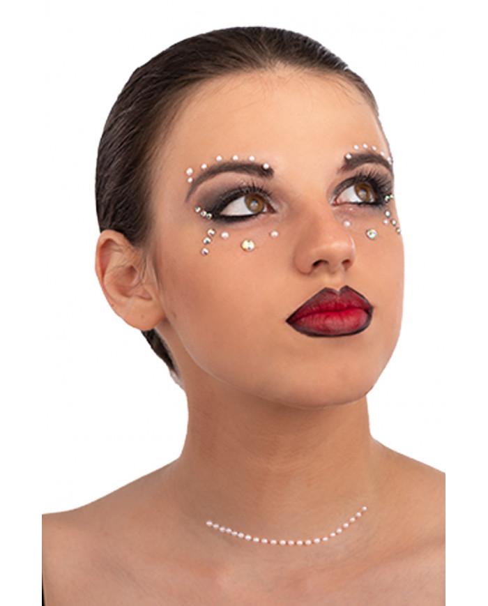 Fiche de décorations autocollantes crystal perles pour visage dans une pochette sur papier cartonné Fiche de décorations autocollantes crystal perles pour visage dans une pochette sur papier cartonné