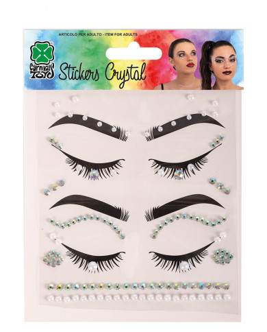 Fiche de décorations autocollantes crystal perles pour visage dans une pochette sur papier cartonné