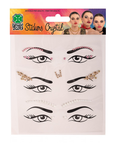 Fiche de décorations autocollantes crystal pour visage dans une pochette sur papier cartonné