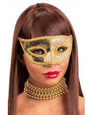 Maschera in plastica con tessuto oro su cartoncino