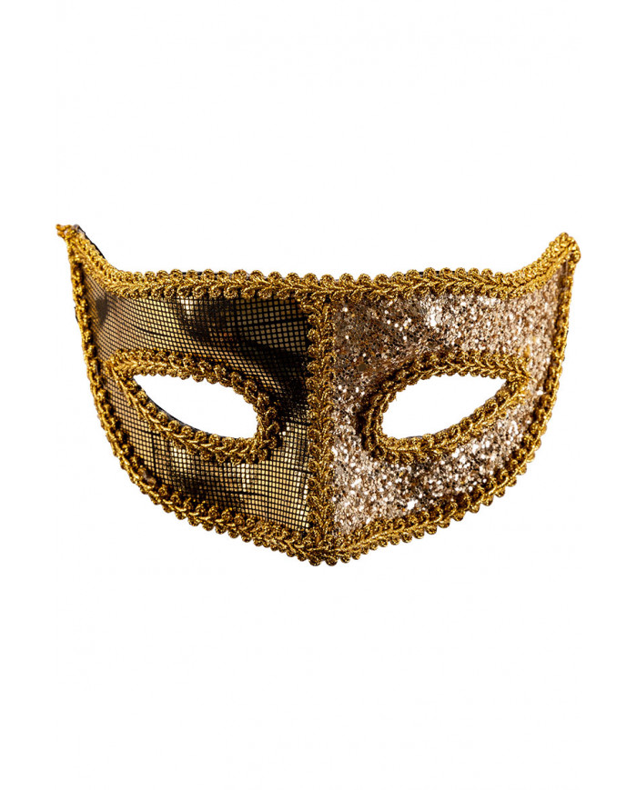 Maschera in plastica con tessuto oro su cartoncino