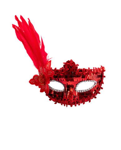 Rote Maske aus Kunststoff mit Pailletten, Federn und Dekorationen auf