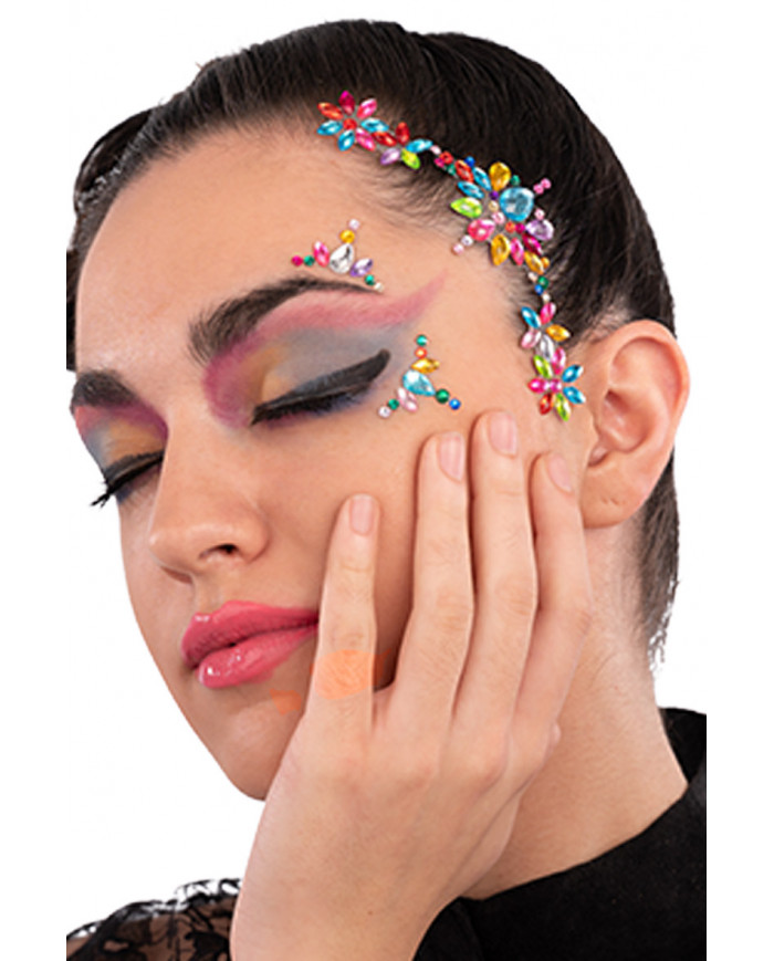 Fiche de décorations autocollantes crystal multi-couleurs pour visage dans une pochette sur papier cartonné