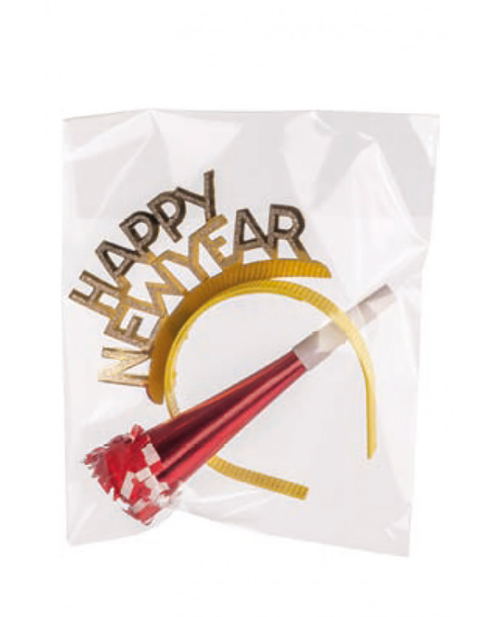 Conjunto de fiesta (diadema y trompeta HAPPY NEW YEAR (FELIZ AÑO NUEVO)) de 18 cm.) de colores surtidos en bolsa Conjunto de fiesta (diadema y trompeta HAPPY NEW YEAR (FELIZ AÑO NUEVO)) de 18 cm.) de colores surtidos en bolsa