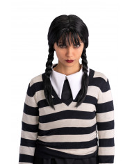 Perruque Mercredi avec frange dans une pochette avec crochet