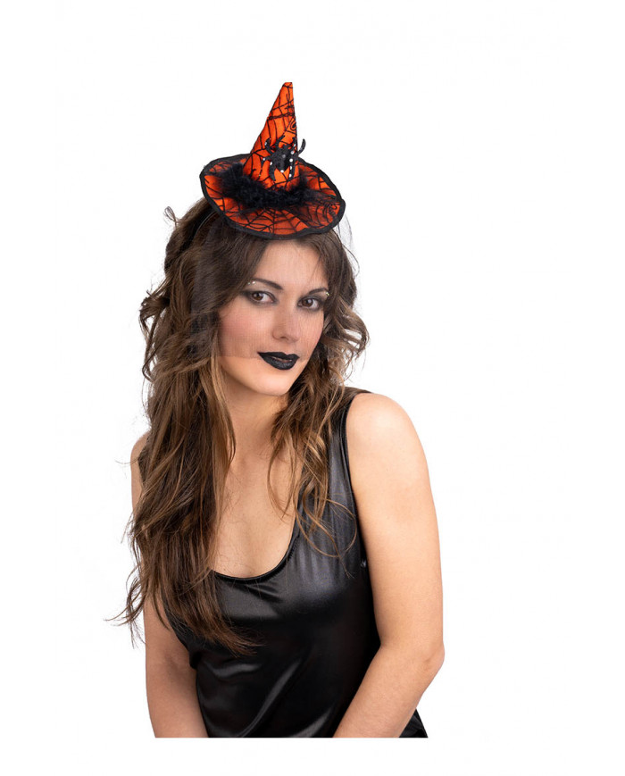 Orange Witch Mini Hat W/Spider, Lace And Headband With Header Orange Witch Mini Hat W/Spider, Lace And Headband With Header