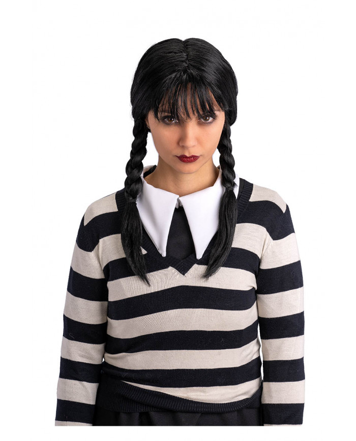 Perruque Mercredi avec frange dans une pochette avec crochet