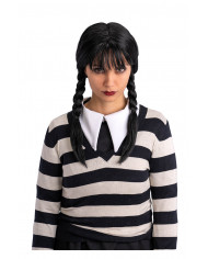 Perruque Mercredi avec frange dans une pochette avec crochet