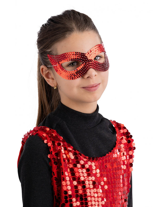 Máscara roja de tela con lentejuelas con solapa de cartón