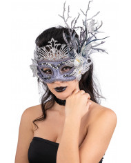 Maschera tessuto damascato lilla con dec farfalle glitter,  piume in scatola pvc