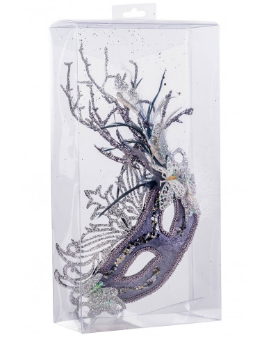 Masque en tissu damassé lilas avec décorations papillons en poudre de paillettes, plumes dans une boîte en PVC