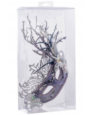 Máscara de tela damasco lila con mariposas de purpurina, plumas en caja de pvc