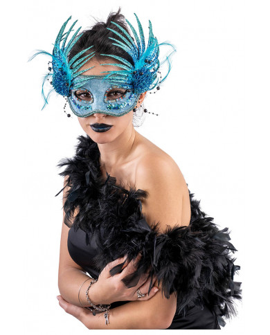 Masque en velours turquoise avec décorations latérales en poudre de paillettes et plumes dans une boîte en PVC