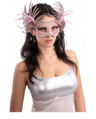 Maschera in vellutino rosa con dec laterali glitter e piume in scatola pvc