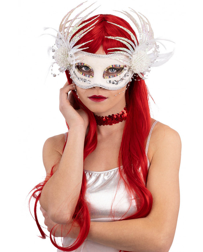 WHITE VELVET MASK C/GLITTERED DEC. AND FEATHERS IN PVC BOX