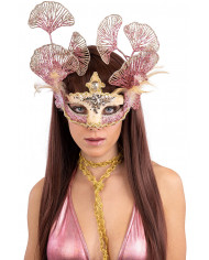 Maschera con  vellutino e glitter rosa,dec floreali e piume in scatola pvc