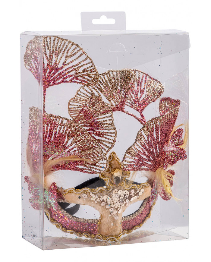 GLITTERED PINK VELVET MASK WITH FLOWERS AND FEATHERS IN PVC BOX