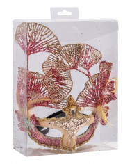 Maske mit rosa Samt und Glitter, Blumendek. und Feder in PVC-Beutel