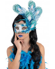 TURQUOISE MASK IN DAMASK FABRIC WITH GLITTERED FLOWERS AND FEATHERS IN PVC BOX